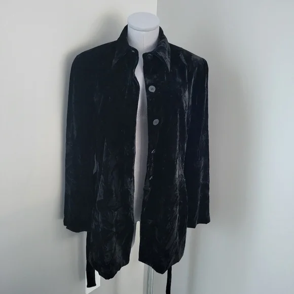 Vintage Y2K Jones New York Black Crushed Velvet Belted Jacket Sz 10 - Picture 3 of 11